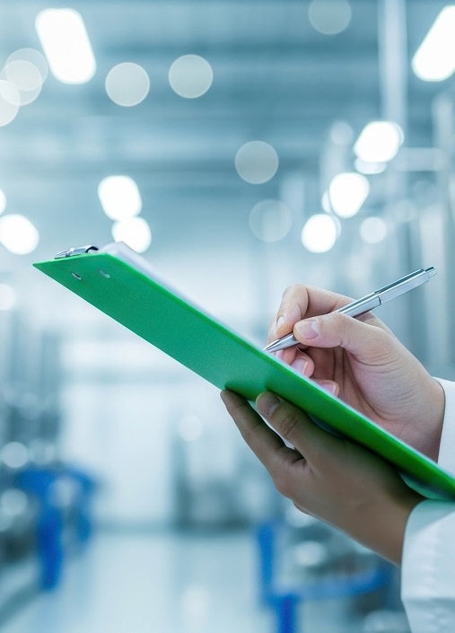 Contrôle qualité : inspection en usine ou laboratoire Main tenant un stylo pour écrire sur un presse-papiers vert dans un environnement industriel ou laboratoire clair avec des lumières bokeh.
