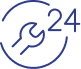 Assistance Technique 24/7 : Service de Réparation Continu Icône stylisée d'une clé à molette entourée d'un cercle avec le chiffre 24, symbolisant un service de réparation ou assistance technique disponible 24 heures sur 24.